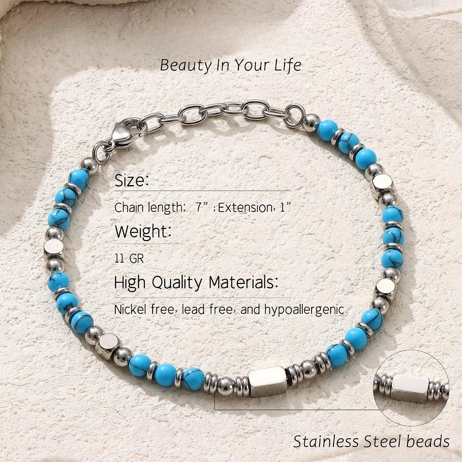 1PC Stainless Steel Fossil Obsidian Tiger's Eye Turquoise Pearl Beaded Bracelet for Men Women Natural Gemstone Stackable Healing Body Jewelry Daily Wear Meditation Party Holiday Best Friend Birthday Anniversary Gift Fashion Accessories