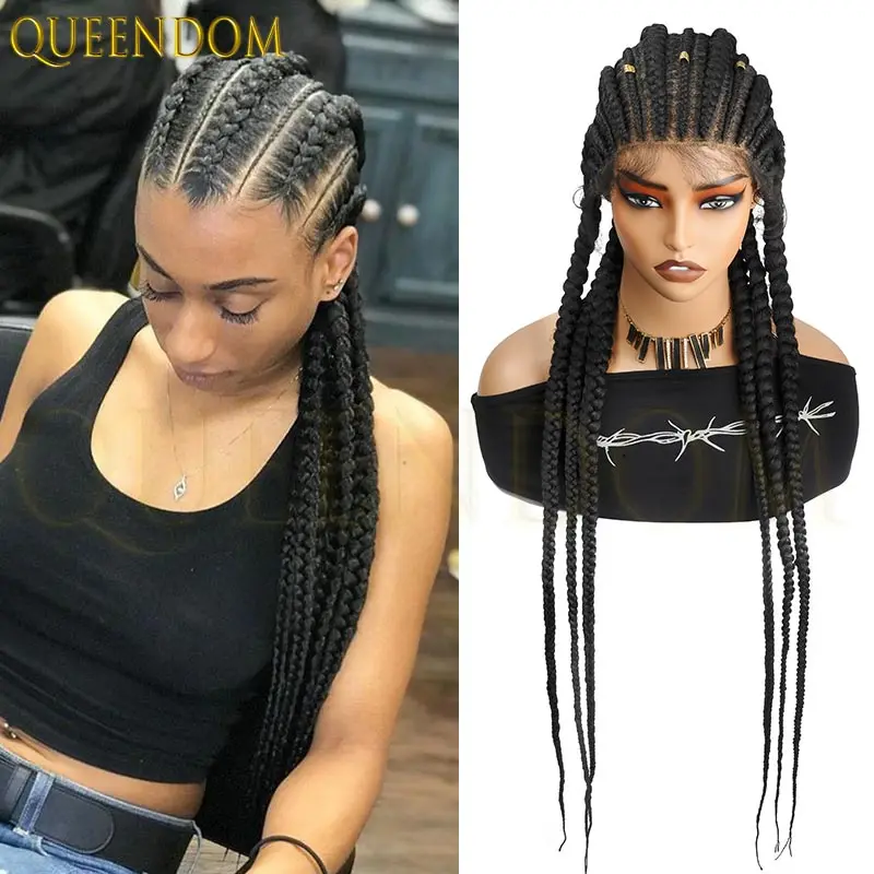 

36" Long Synthetic Full Lace Wig Faux Locs Cornrows Braided Wigs For Black Women Lace Frontal Wig Jumbo Box Braids Wig
