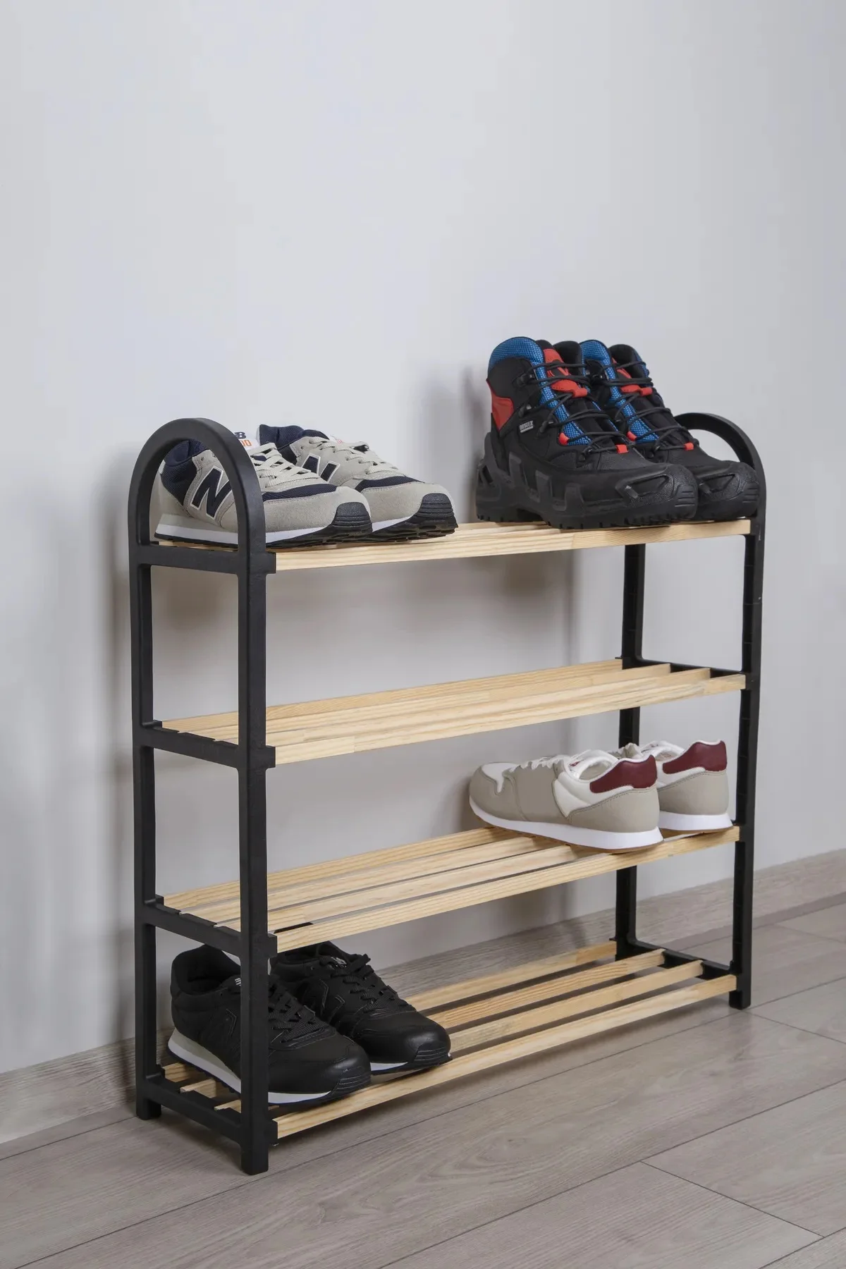 Compartment Black Shoe Rack with Wooden Rods Solid Wooden Shoe Rack Shelf Unit stylish design useful trend product modern shoe