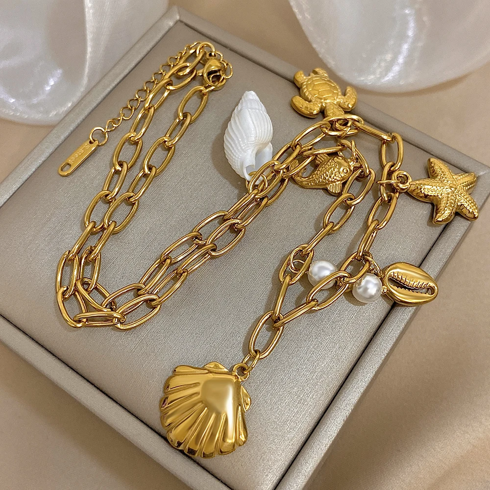 

Freetry Stainless Steel Starfish Conch Pendant Necklace for Women Ocean Style Waterproof Golden Choker Summer Beach Neck Jewelry