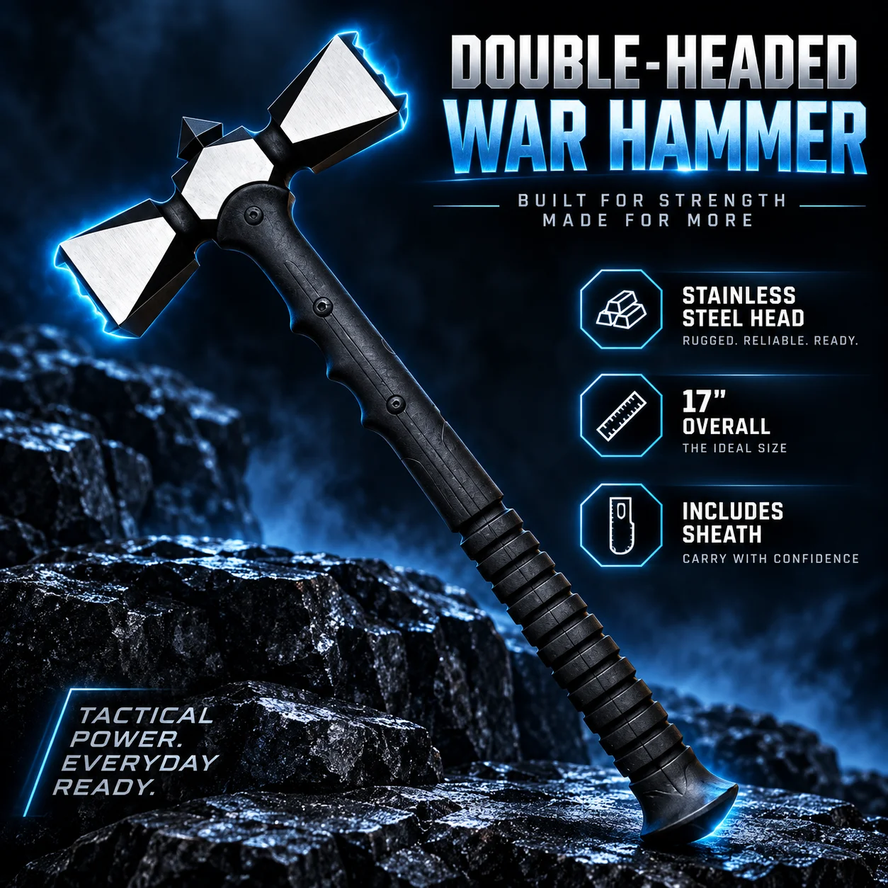 Sheathed double-headed hammer, stainless steel head, total length 17 inches. It is a high-quality decorative item specially designed for collectors. Suitable for role-playing,Strong and finely designed, it is very suitable for fantasy enthusiasts.