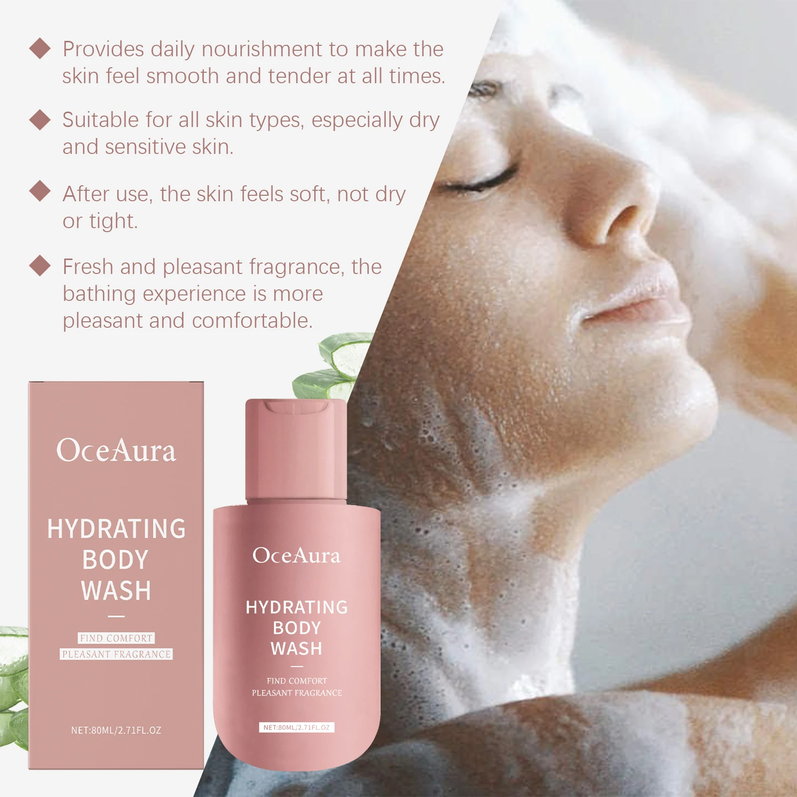 Oceaura-loción de baño corporal calmante, 80ml, fragancia fresca duradera, hidratante, exfoliante, lavado corporal, Control de aceite, loción de suciedad limpia