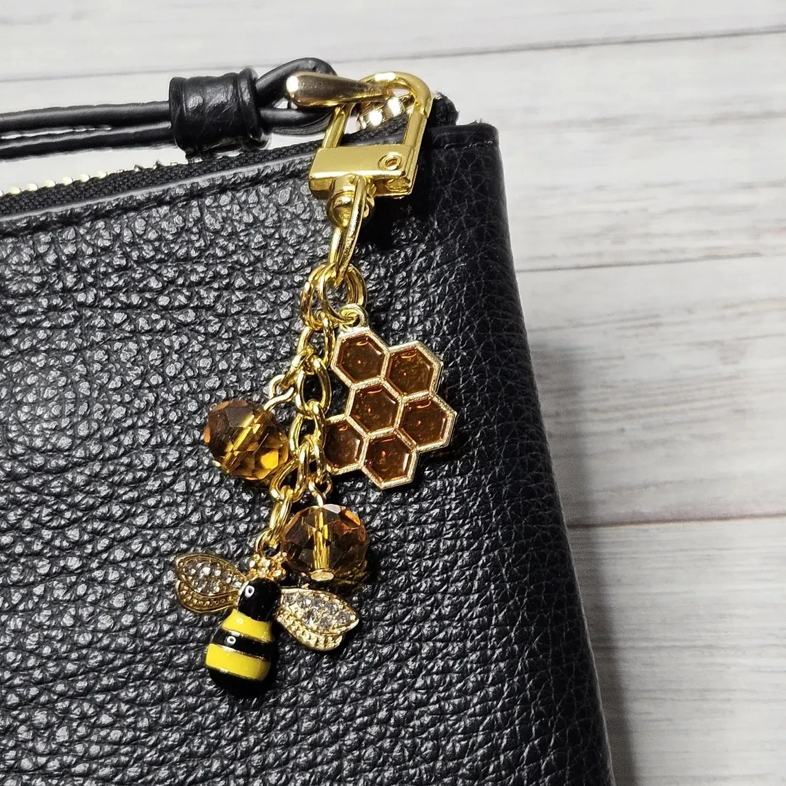 Handcrafted Gold Bee Bag keychain | Honeybee Purse Charm | Zipper Pull Journal Charm | Gift for her