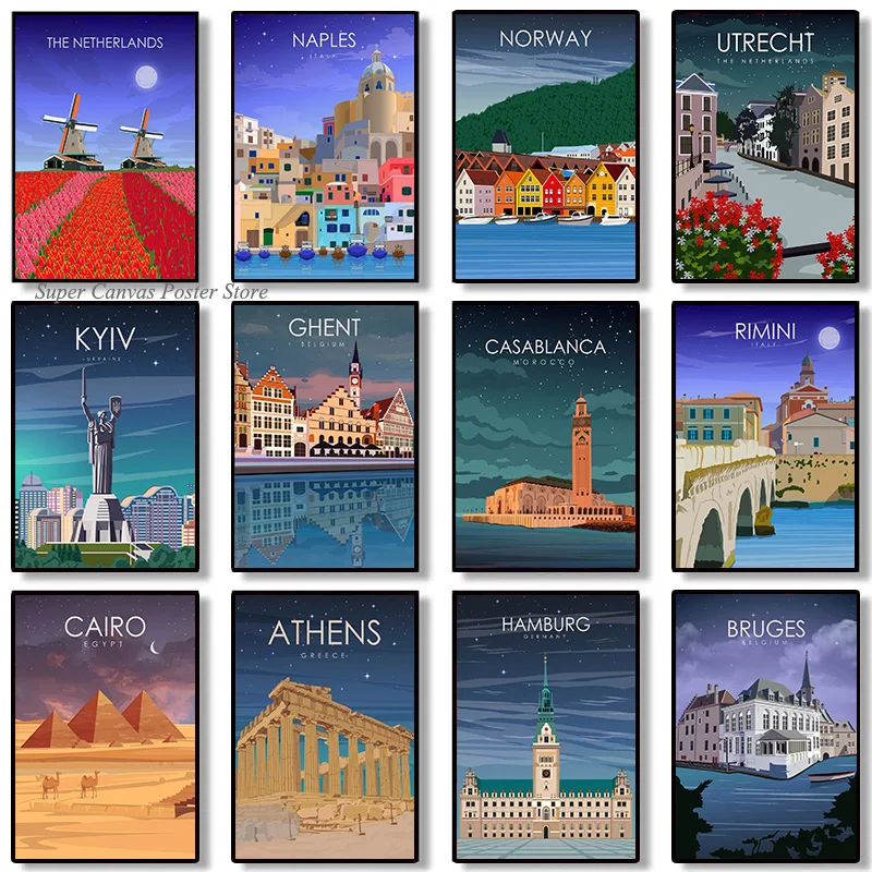 Póster impreso de paisaje de Cairo Nápoles, ciudad de viaje de fama mundial, Madeira Rimini, pintura en lienzo, arte de pared de turismo para decoración del hogar y habitación