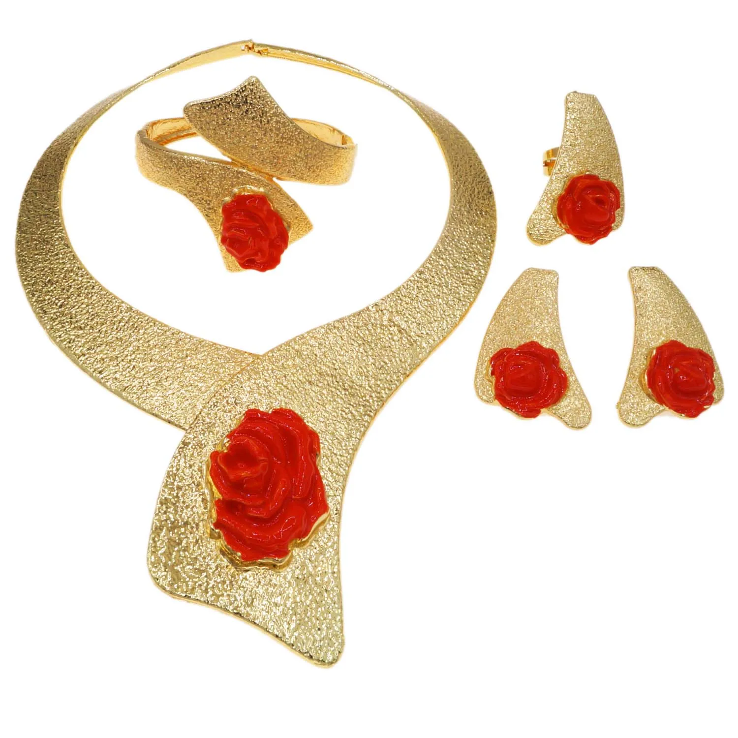 

Italian Jewelry Sets For Women Gold Plated Matte Choker Rosebud Necklace Luxury Wedding Banquet Jewelry Dubai Sets