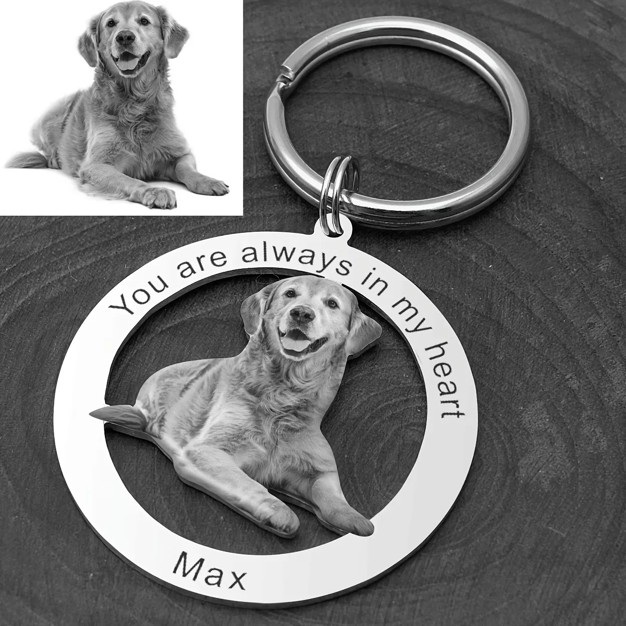 Personalized Stainless Steel Heart-Shaped Keychain, Available in Heart and Round Styles, with Hollowed-Out Irregular Cutting on the Inside, Laser-Engraved Portrait Craftsmanship, Customizable with Photos and Text, Durable Metal Key Ring Suitable for Family Members, Can Be Used as a Car Keychain Pendant, Ideal for Mother's Day, Father's Day, and Valentine's Day Gifts