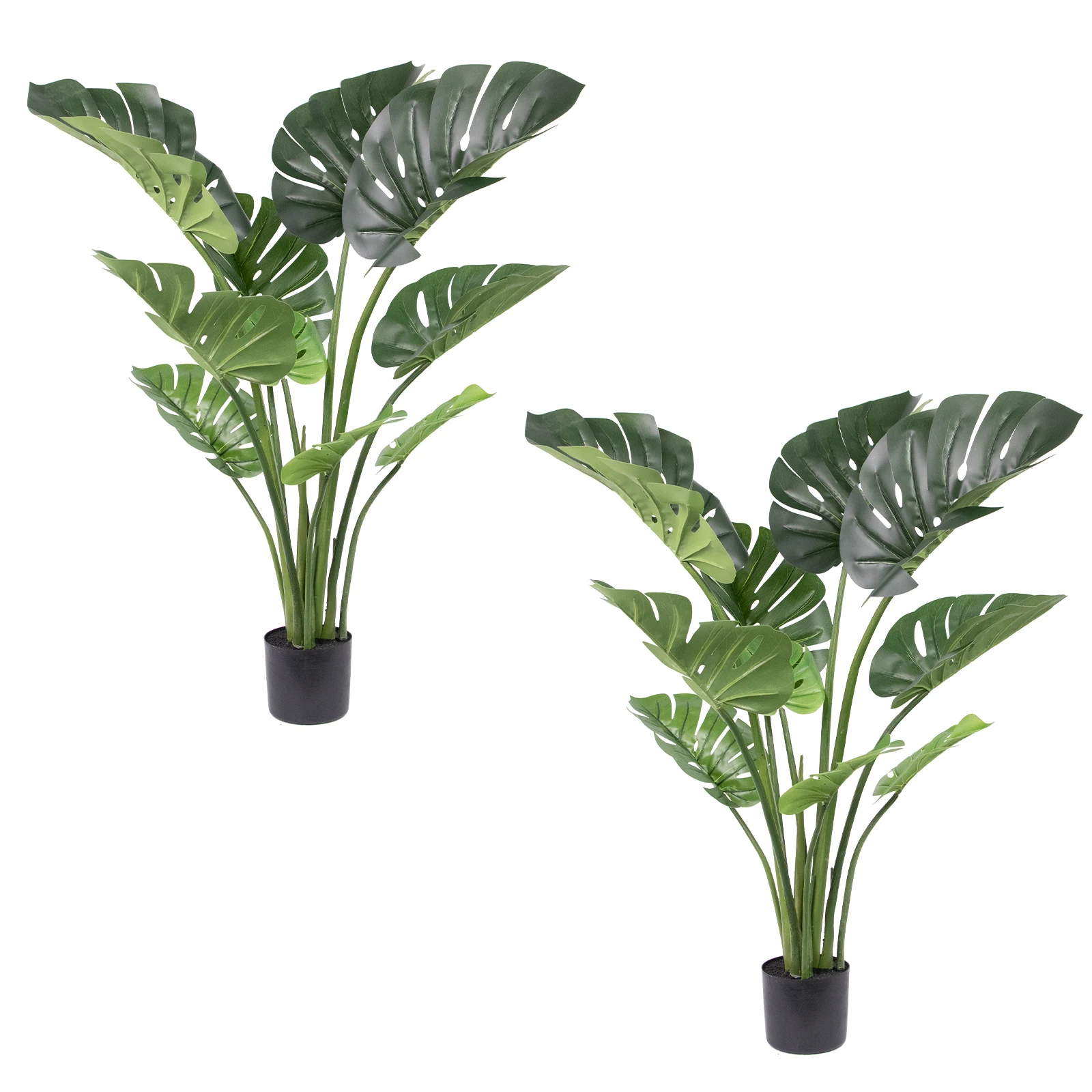 2 stuks kunstmatige monstera plant, 90-120 cm hoog, in pot, nep tropische boom met duidelijk getextureerde bladeren en flexibele stelen, levensechte kunstplant voor de vloer, decoratie voor woonkamer,
