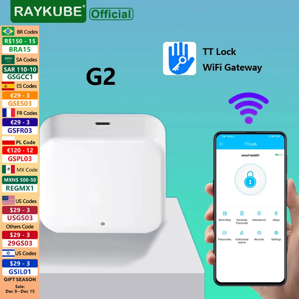 

RAYKUBE G2 Gateway For TT Lock APP Bluetooth Smart Electronic Door Lock Wifi Adapter Remote Control for Smart Home