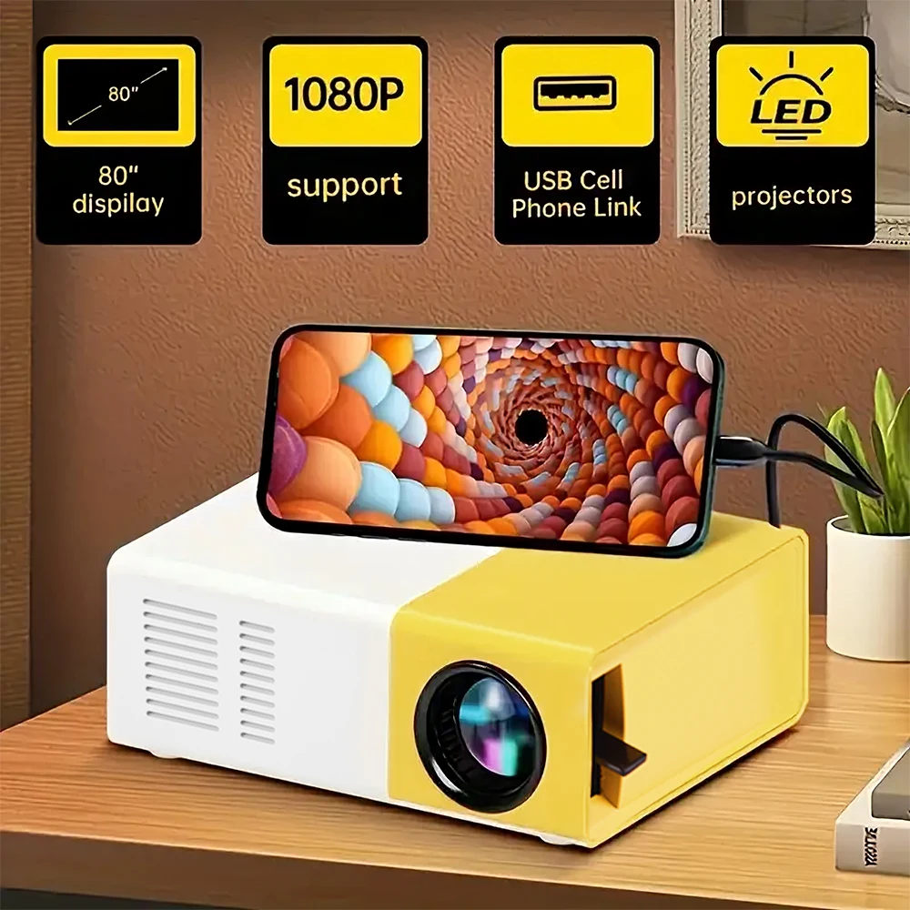 Przenośny, miniaturowy projektor LED, wymiary 12,5 x 8,5 x 4,5 cm, rozdzielczość 1080P HD, podłącza się za pomocą kabla, umożliwia wyświetlanie obrazu na ekranie, wbudowany głośnik stereo, idealny do