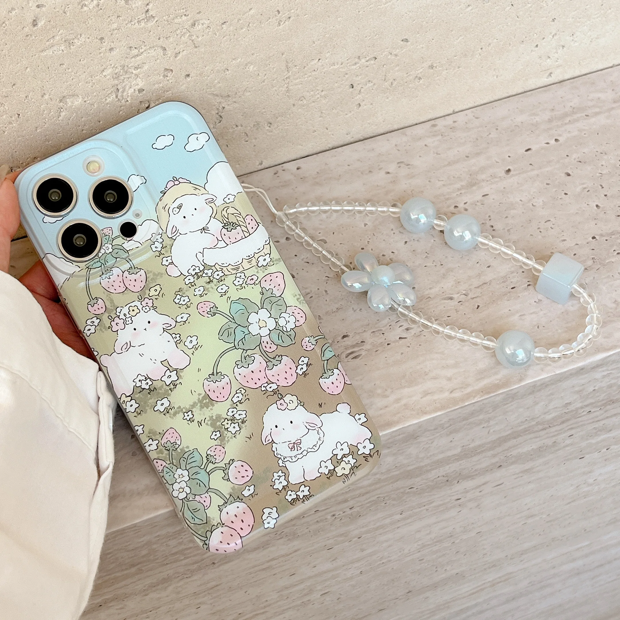 Strawberry Lamb With Flower Chain Phone Case For iPhone 15 14 13 12 11 Plus Mini Pro Max X XS XR 7 8 Cover