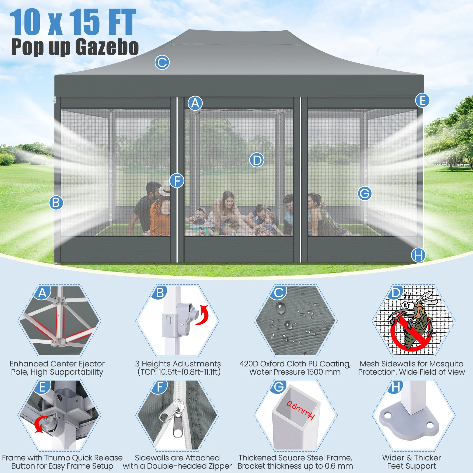 10x15 FT Heavy Duty Pop Up Canopy with 4 Sidewalls, Commercial Gazebo Party Tent with Mosquito Netting Wall Easy Set Up Outdoor Frame Steel