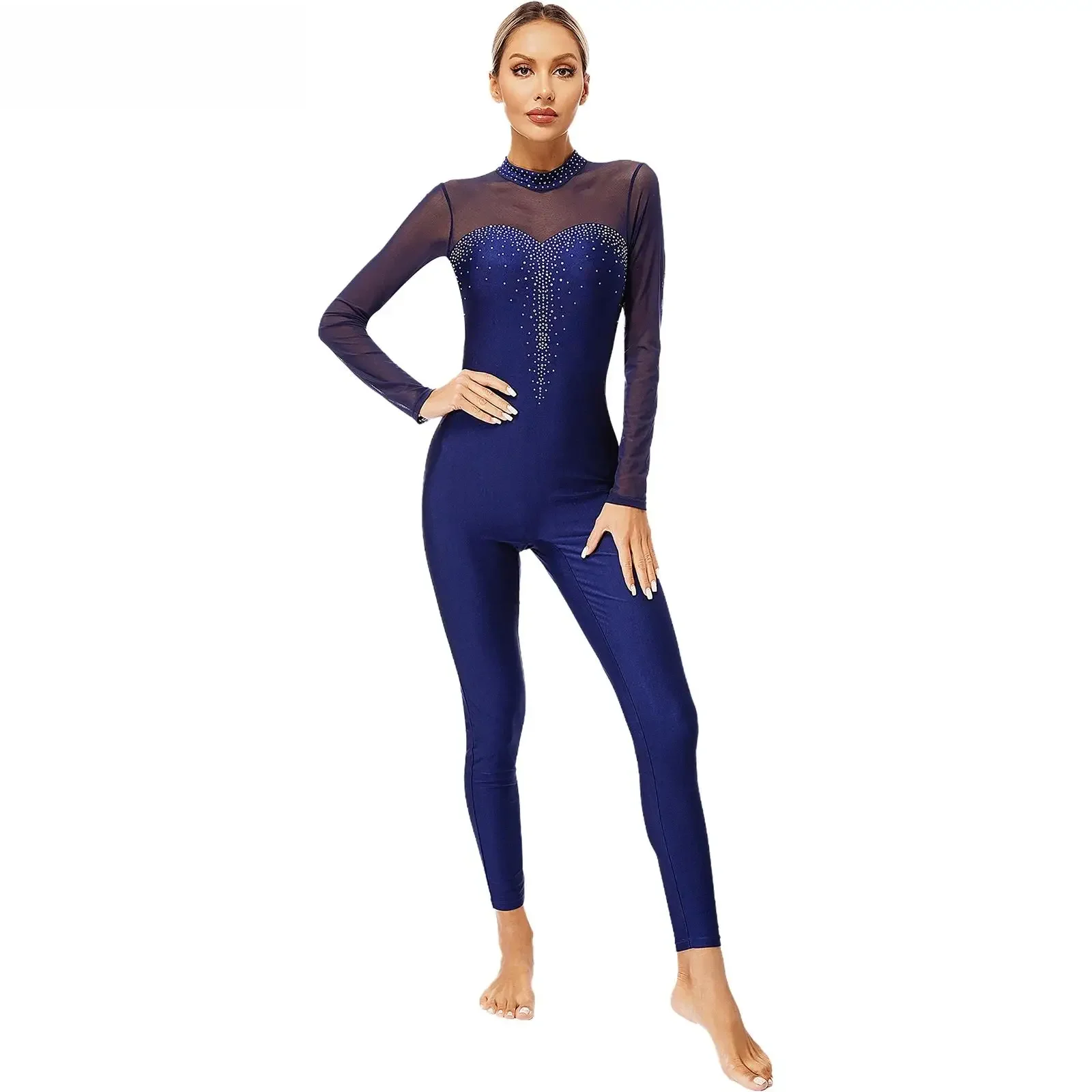 Damskie body do gimnastyki całego ciała Jersey Rhinestone przezroczysta siateczka kombinezon do łyżwiarstwa figurowego balet występ taneczny — zdjęcie 2