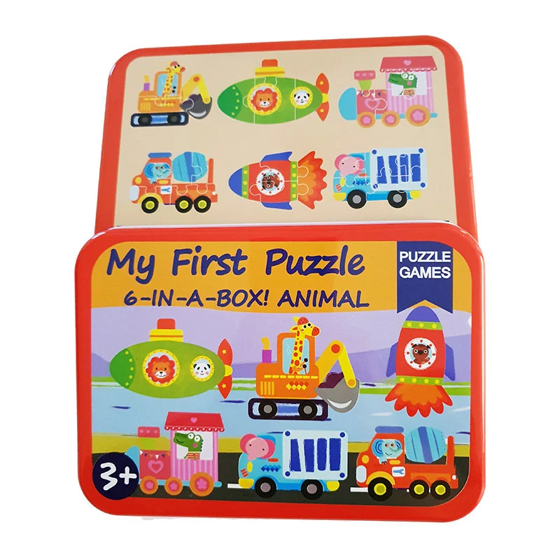 6-in-1 Multiple puzzles: animal vehicles with concrete mixer, submarine, train, garbage truck, construction machine and train