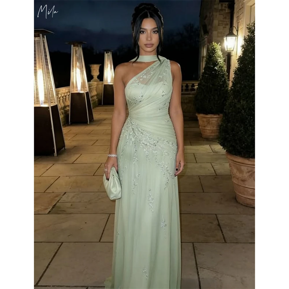 Mila Customized A-line Light Green Floral Embroidery Prom Dress One Shoulder Formal Evening Floor-length Vestidos De Fiesta 2026