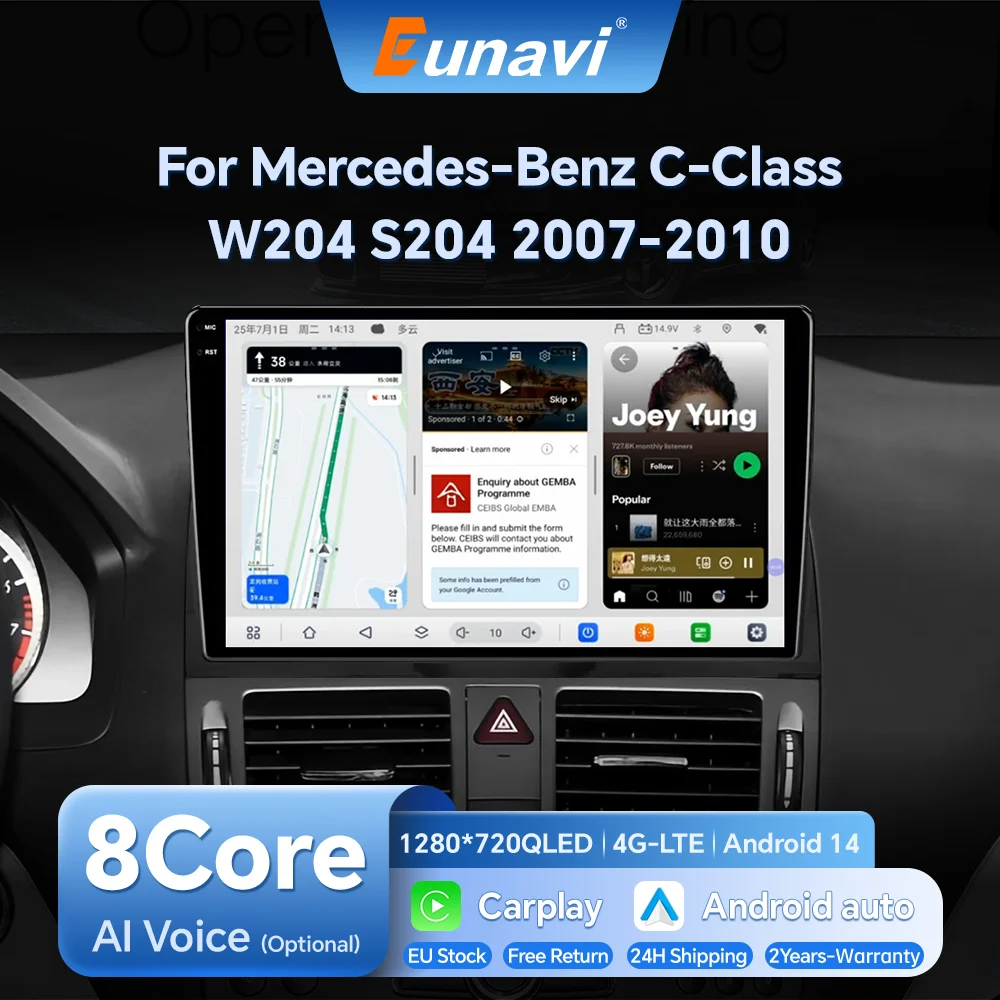 Eunavi Android voiture multimédia pour Mercedes Benz classe C W204 S204 2007-2010 lecteur Radio Navigation stéréo Carplay Autoradio GPS