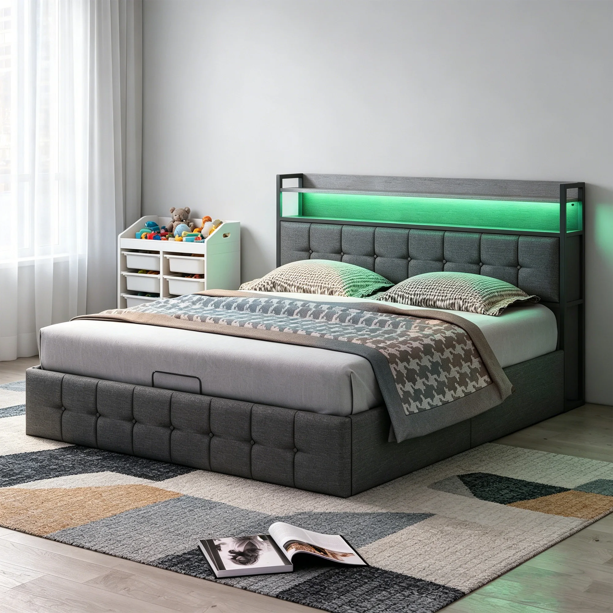 Cama tapizada Superaly de 140x190 cm, cama doble con cabecero LED y base de listones, cabecero con compartimento de almacenamiento y USB, cama con almacenamiento hidráulico y cajón, estructura de cama para dormitorio, lino, gris