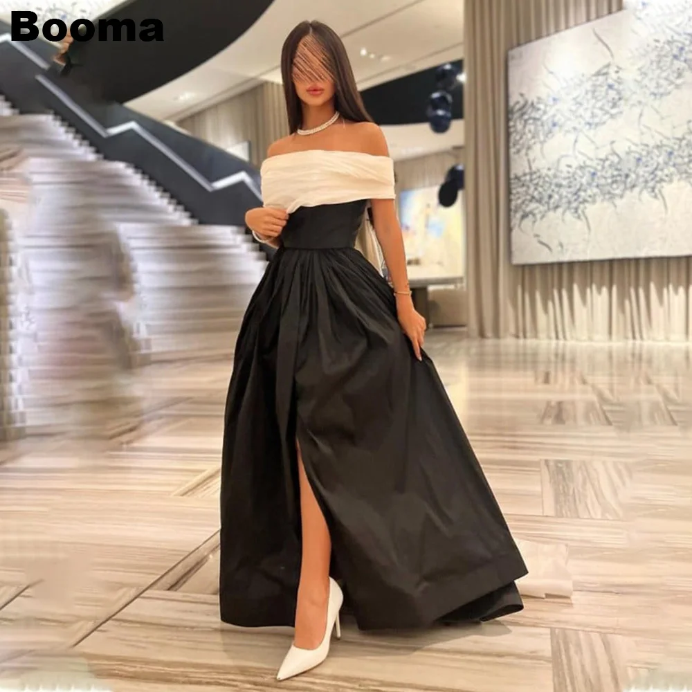 

Booma Black and White A-Line Evening Dresses for Women Taffeta Saudi Arabic Formal Occasion Gowns Floor Length Party Prom Dress