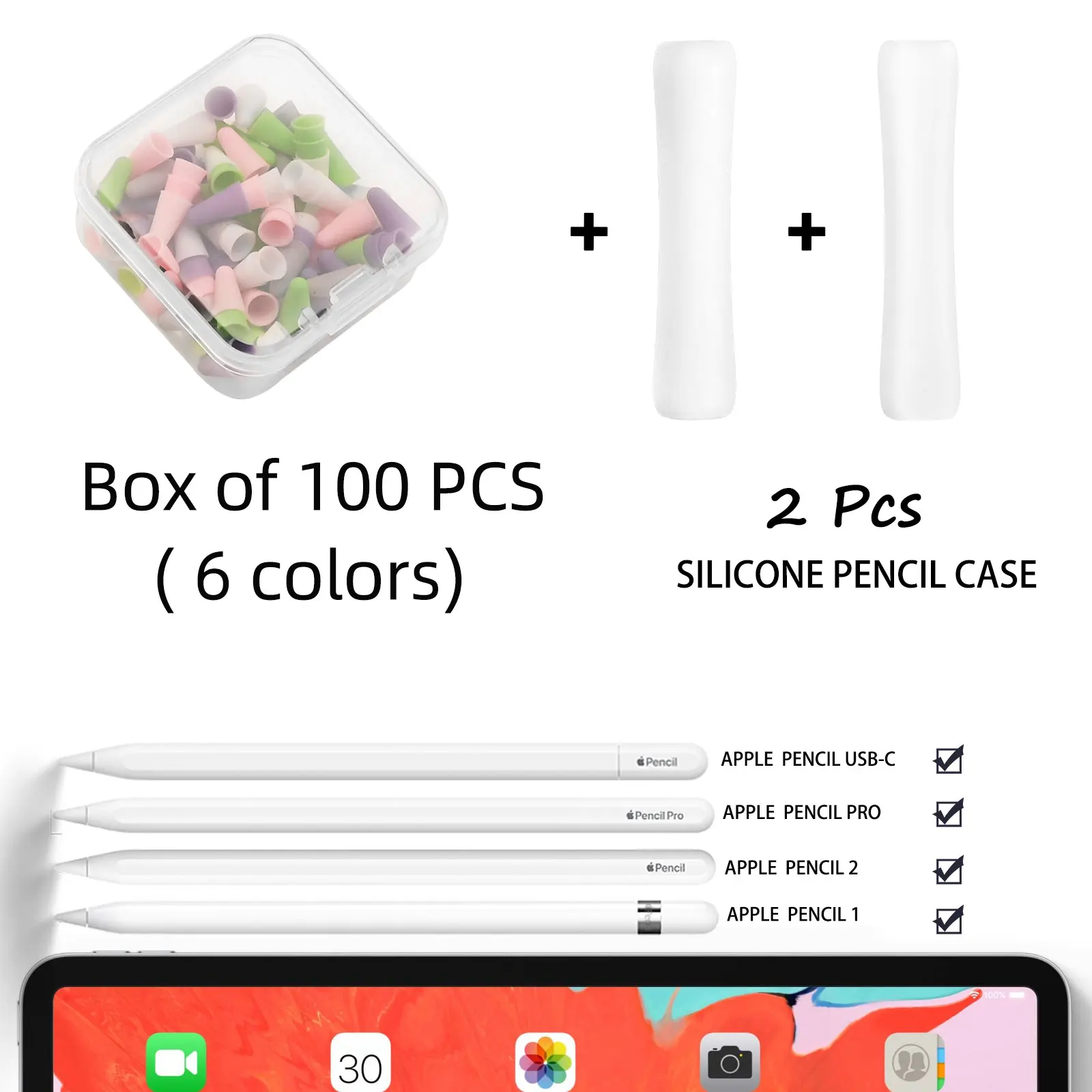 100pcs Silicone Pen tip cover Nib  and  Pencil Case Compatible with Apple pencils 1/2/pro/USB-C for iPadPencil Accessories