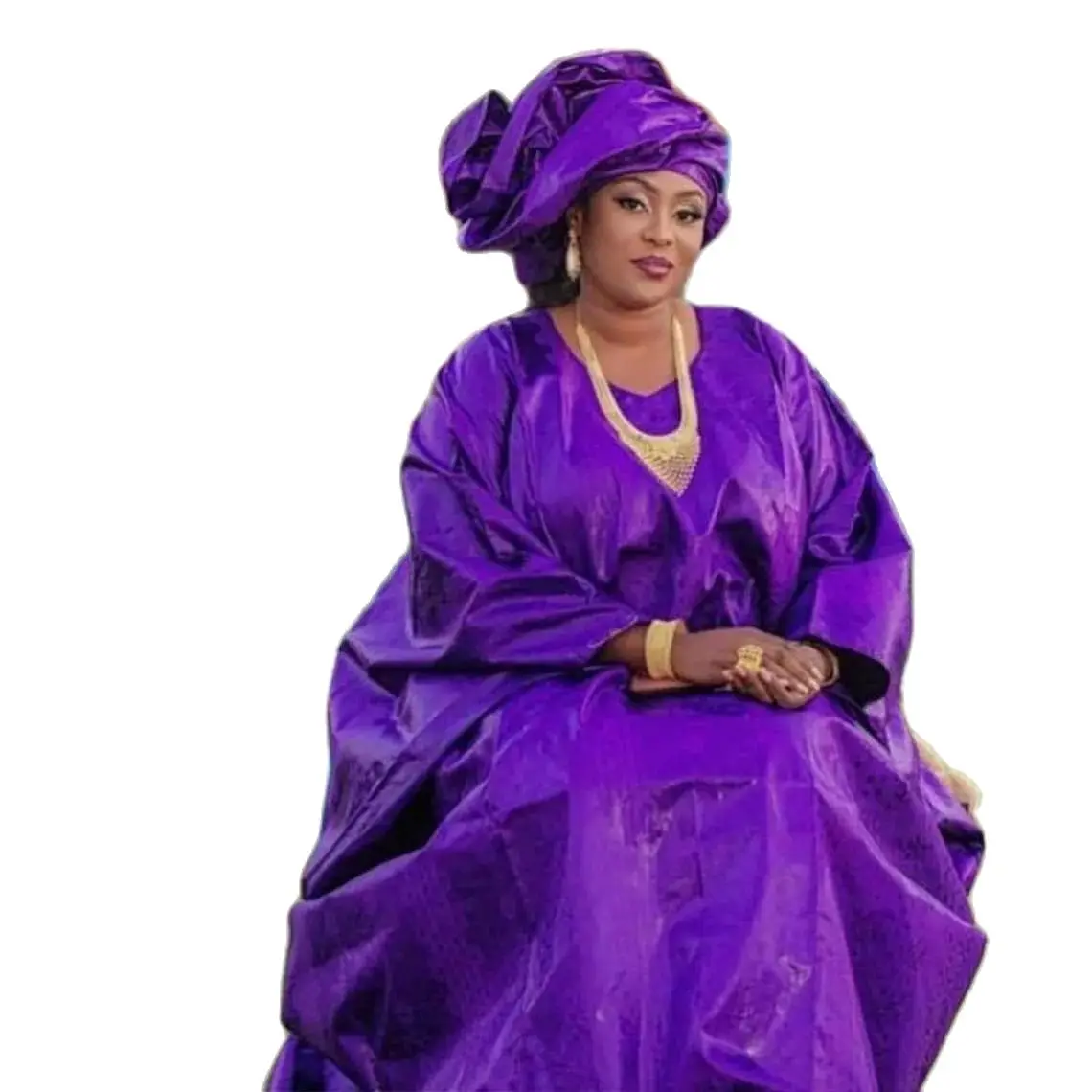 Purple Bazin Riche Clothing For Nigeria Ceremony Long Dresses With Scarfs Top Quality Free Size Bazin Riche Dashiki Robe