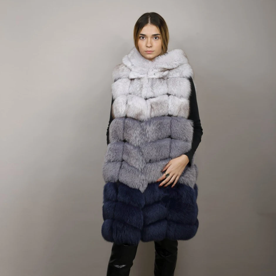 Long Real Fox Fur Vest for Women Winter Outwear High Quality Genuine Leather Natural Fox Fur Coat Sleeveless Hooded Fur Overcoat