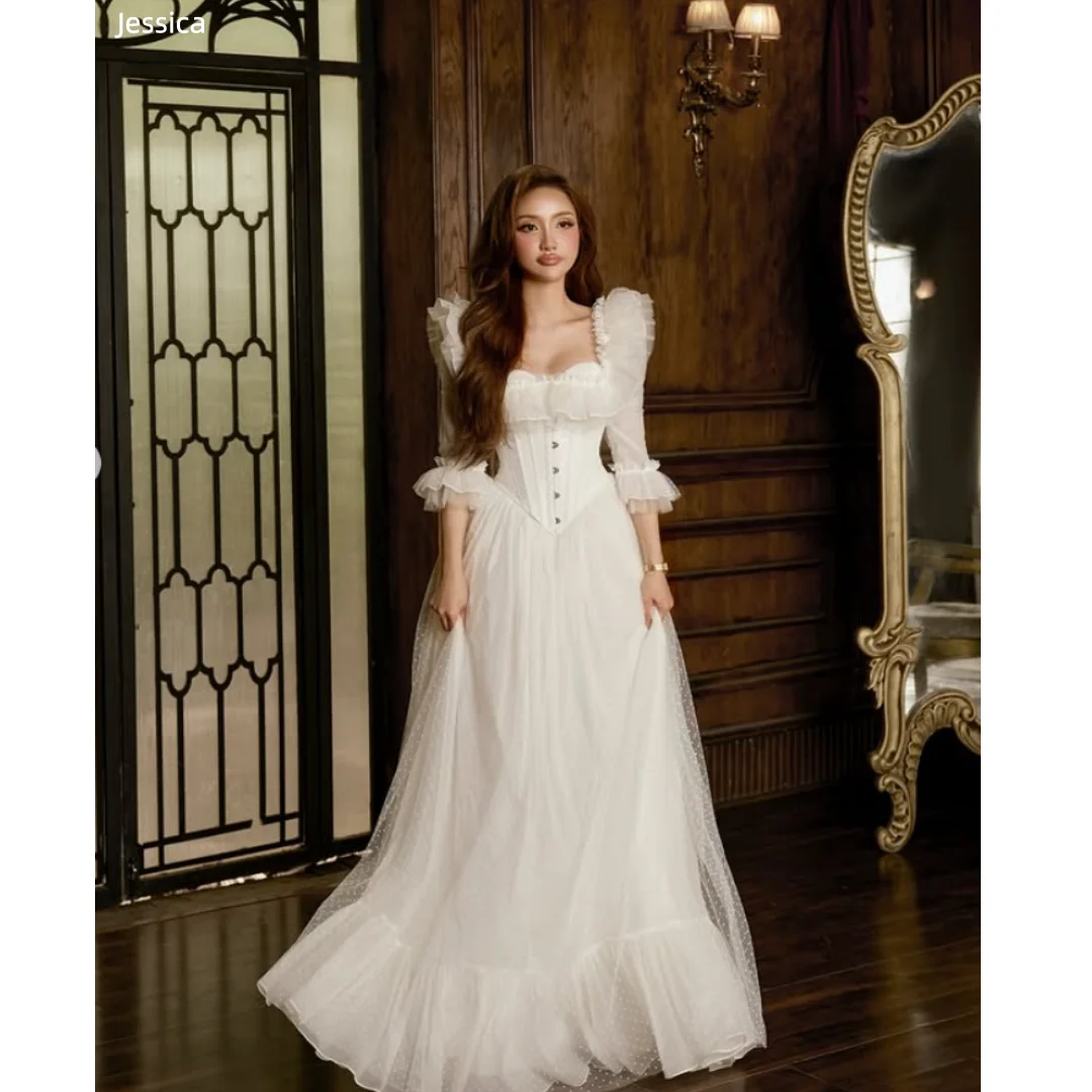 

Jessica Elegant White Evening Dresses Waist-cinching Sheer Long-sleeved Dress Prom Dresses Formal Occasions Party Dresses