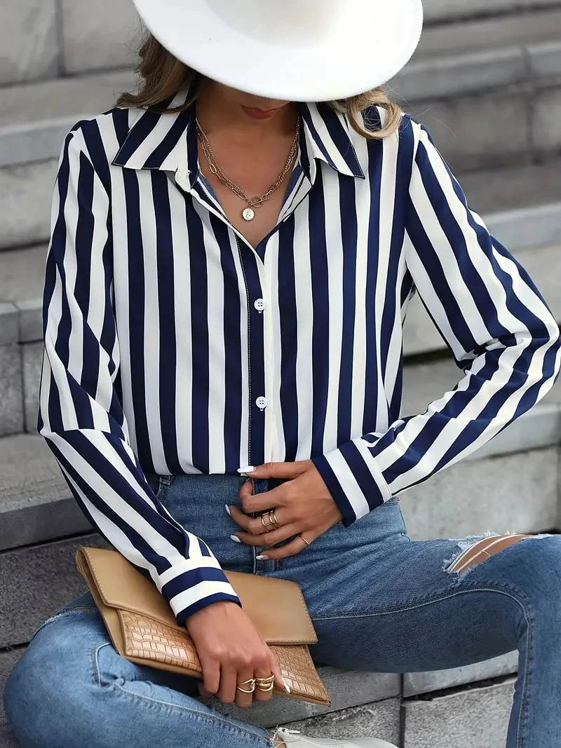 Fashion Women\'s Shirts & Blouses,Elegance Striped Print Shirt,2024 Spring & Summer Large Size Female Clothing Blouse Tops