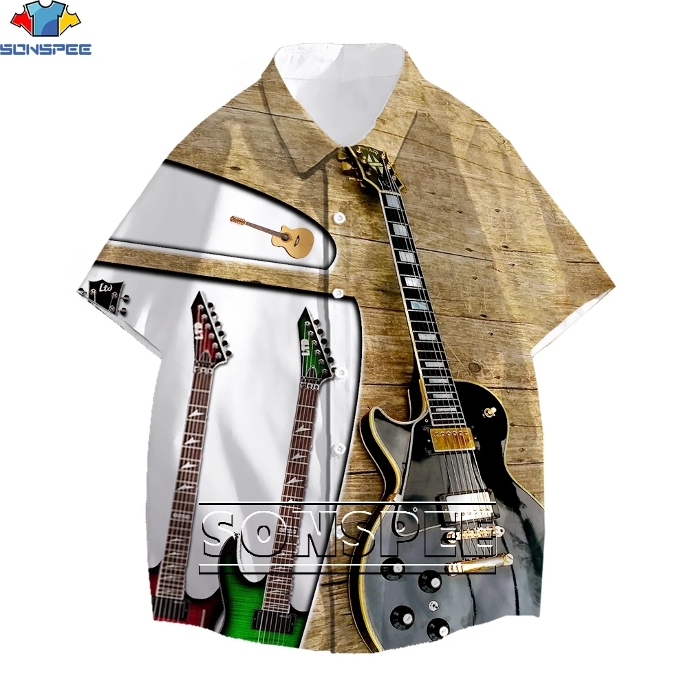 

SONSPEE Vintage Log Guitar Player Hawaiian Beach Shirt Men 3D Summer Short Sleeve Shirt Men Tropical Clothing Top Streetwear