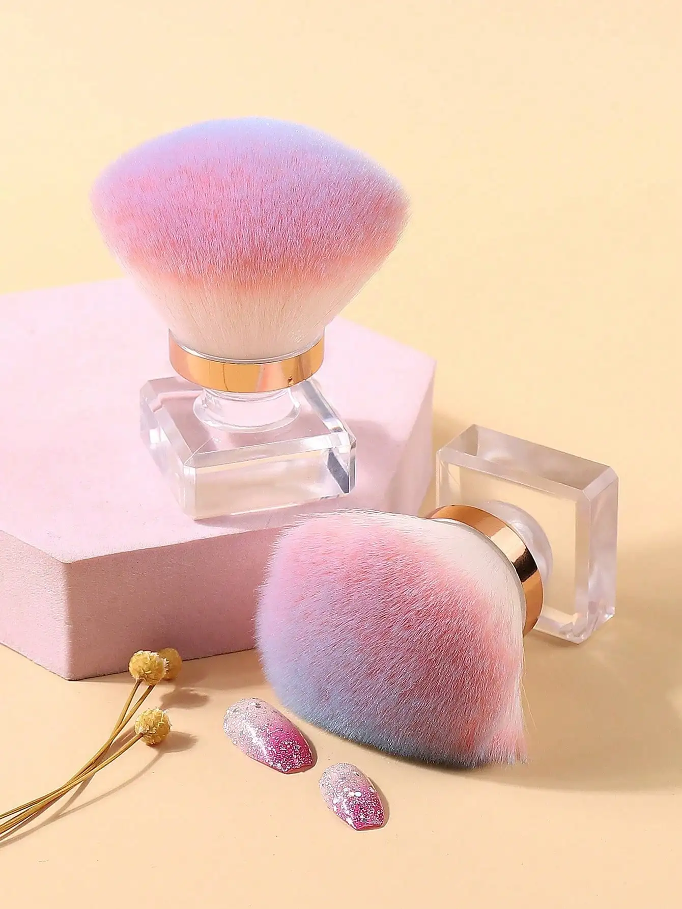 1 szt. Różowy Gradientowy Pędzelek do Zbierania Pyłu z Paznokci z Główką w Kształcie Grzybka z Pudełkiem z Tworzywa PP, Pędzel do Czyszczenia, Łatwe Przechowywanie, Pędzel do Makijażu do Zdobienia Paznokci