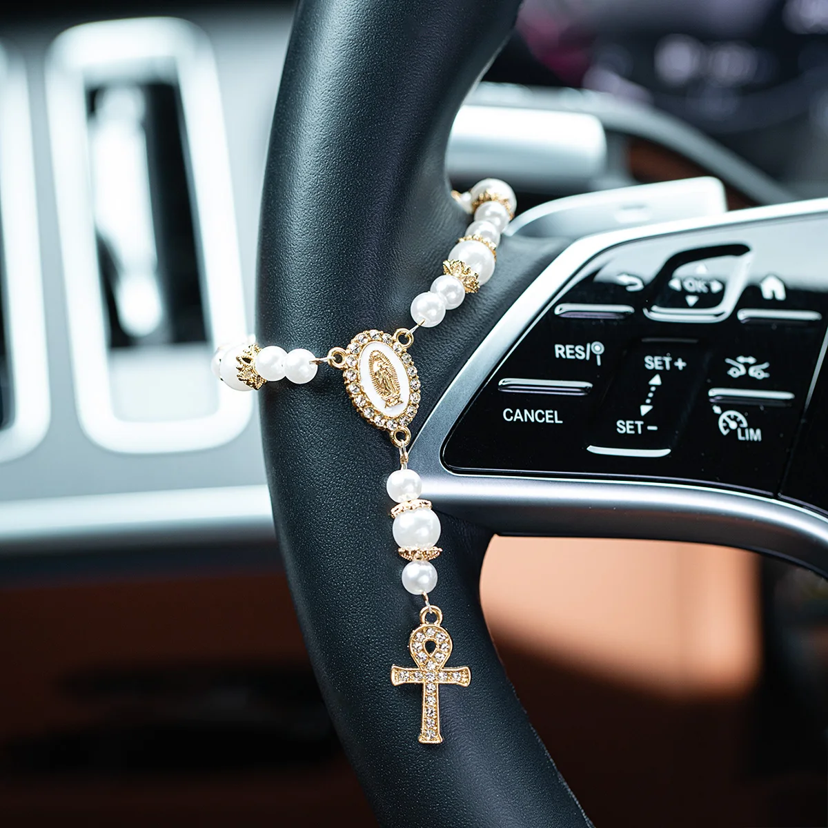 

Ankh Cross Virgin Mary Pearl Car Ornament, Rhinestone Luxury Interior Rearview Mirror Decor Rosary Pendant