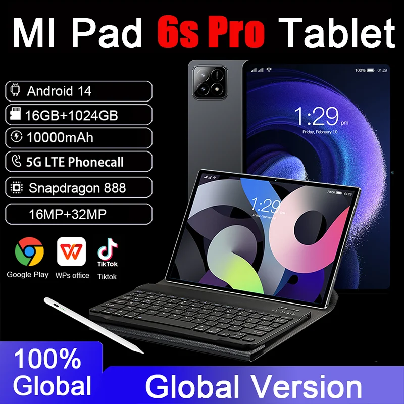 Global Version Original MI Pad 6S Pro HD 4K 10000mAh Snapdragon 888 10.1inch 16GB+1TB Android 14 Tablet PC 5G Dual WIFI Mi Tab