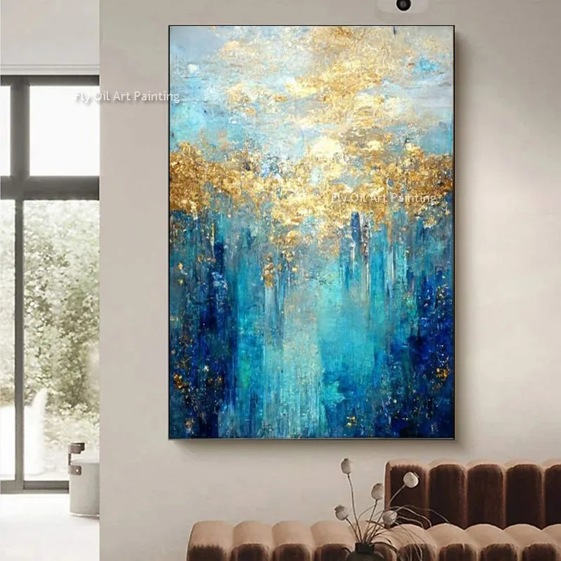 Modern Abstract oil Paintings Print on Canvas Handmade Blue Gold Foil Wall Art  Canvas Painting For Living Room Home Wall Decor