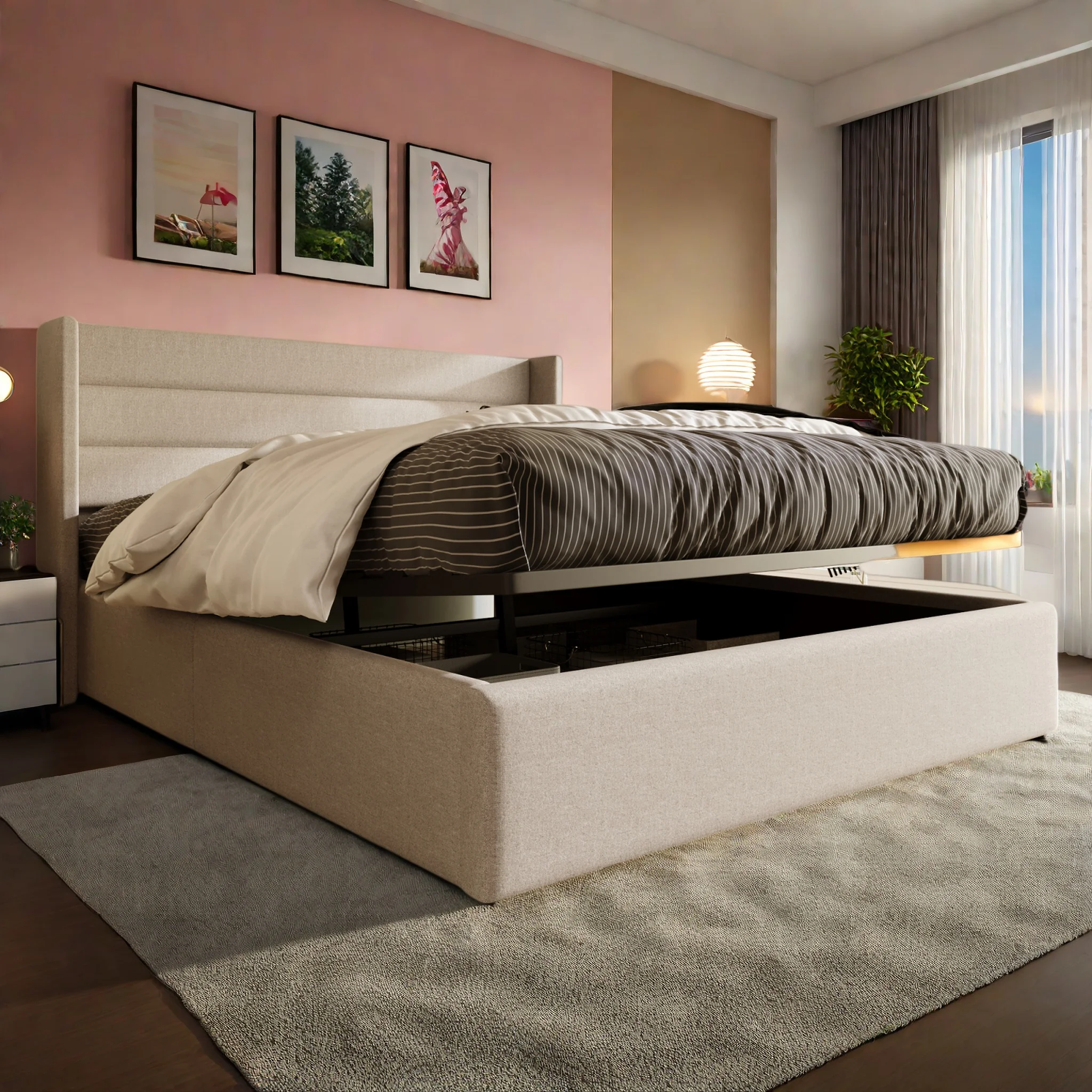 Cama con doble acolchado de 160 x cm con somier de láminas y cabecero alto, elevadores hidráulicos, soporte de láminas, lino, beige