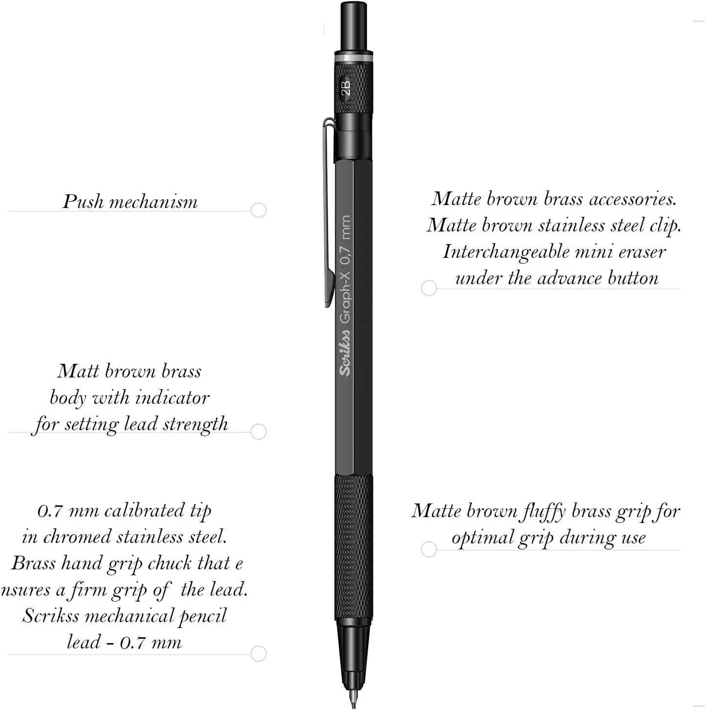 Scrikss Office graph-x-Juego de lápices mecánicos, lápiz mecánico con mango giratorio 2B, borrador suave, 24 cables, cromado, 0,5-0,7mm