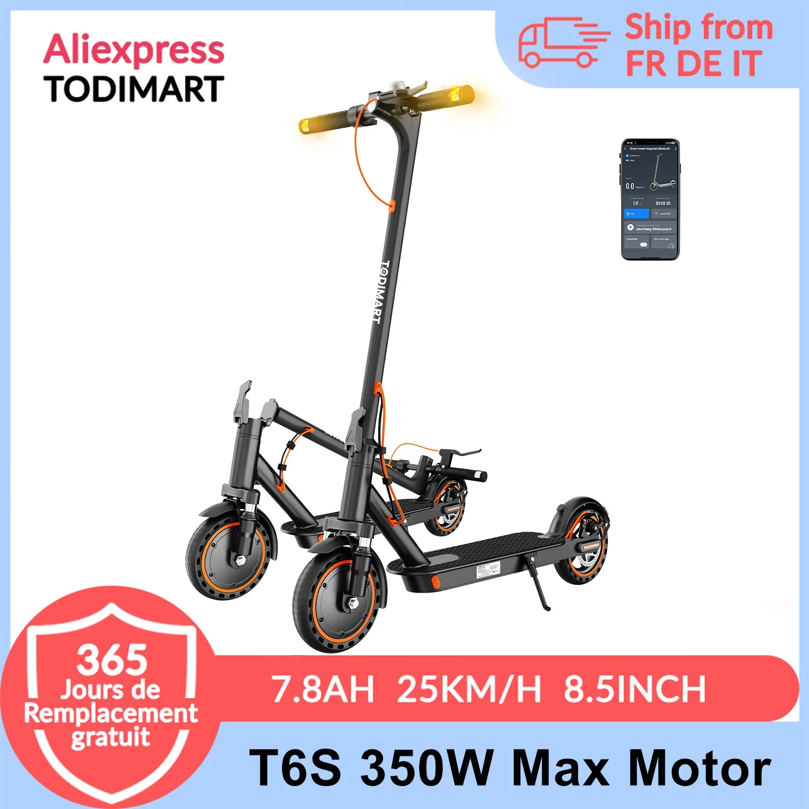 Trottinettes électriques pour adultes T6S, 30-35 km, moteur 350W, 36V 7.8Ah, avec clignotants, amortisseurs, connexion APP, trajets domicile-travail