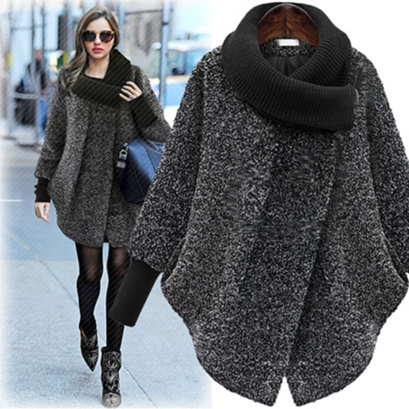 

Winter Ladies Knitted Long Trench Coat Jacket Loose Causal Female Women Woolen Turtleneck Outwear Overcoat Capes Plus Size