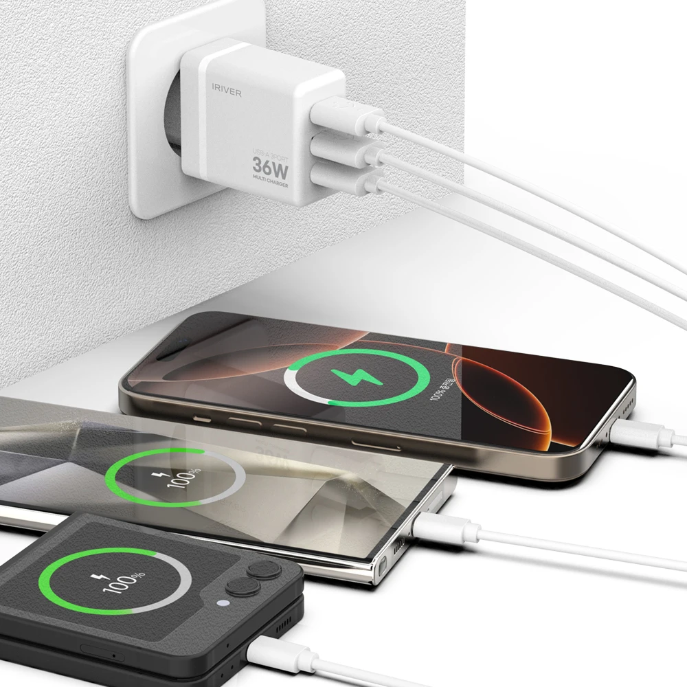 ريفير-شاحن متعدد مع USB ، 3 منافذ ، دعم شحن سريع ، كابل QC مشمول ، 36 واط ، 3 منافذ ، QC #4