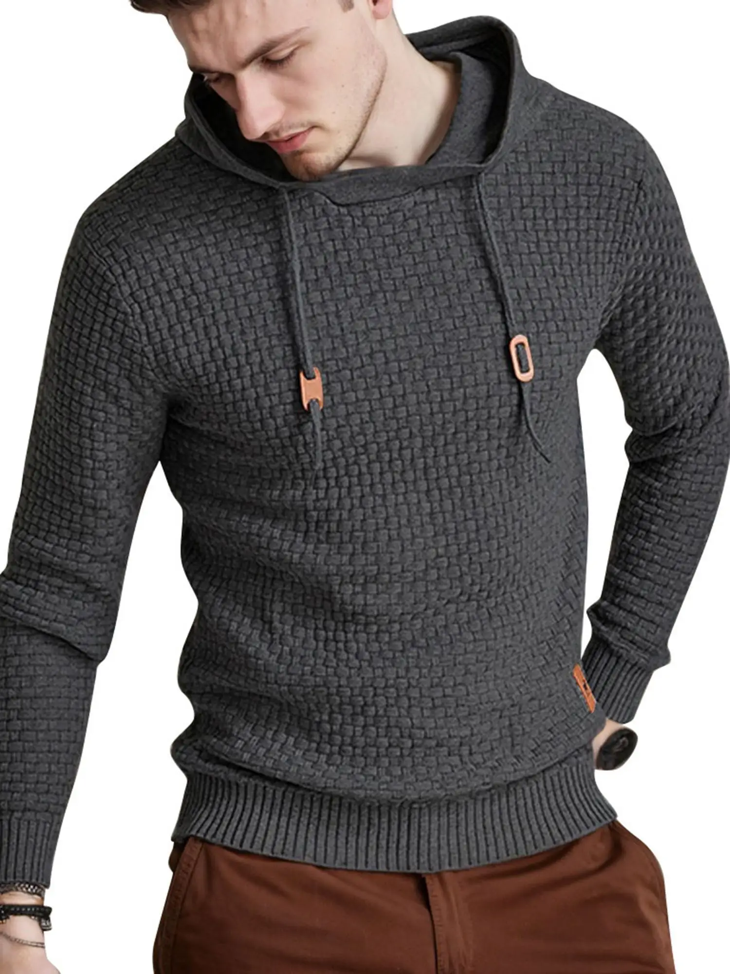 سويت شيرت رجالي بقلنسوة كاجوال بأكمام طويلة برباط وافل وسترة بغطاء للرأس بقصة ضيقة #5