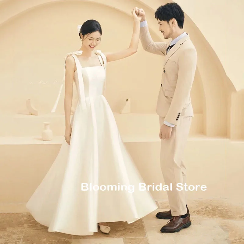 

Korean Style Bow Straps A Line Bridal Gowns Custom Made Floor Length Satin Wedding Dresses