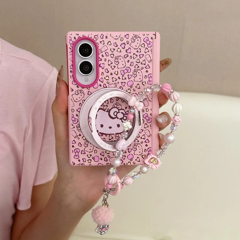 New Fashion Cute Pink Leopard Print Kitten Magnetic Phone Case for Samsung Galaxy Z Fold 8 fold8 Cover with MagSafe Stand Kawaii