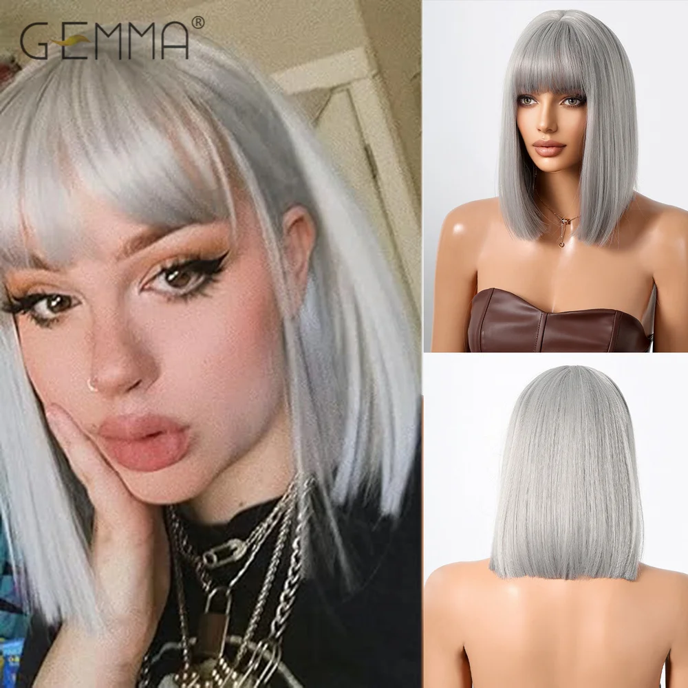 Peluca de pelo sintético con flequillo para mujer blanca, pelo liso Natural, color gris plateado, fibra resistente al calor, para fiesta de Cosplay