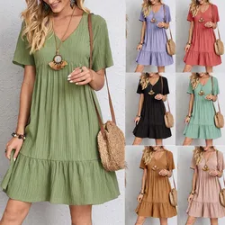 Frauen Kurzarm Kleid V-ausschnitt Grundlegende Sommer Mode Casual Party Strand Urlaub Mid Kleid frauen Overalls Weibliche Kleidung