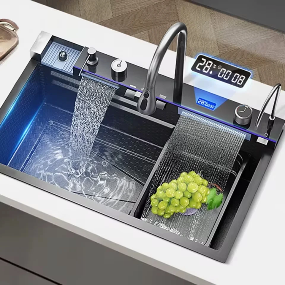 Évier de cuisine en acier inoxydable 304, grand évier simple avec affichage numérique intelligent, ensemble robinet 75x45cm pour maison et restaurant