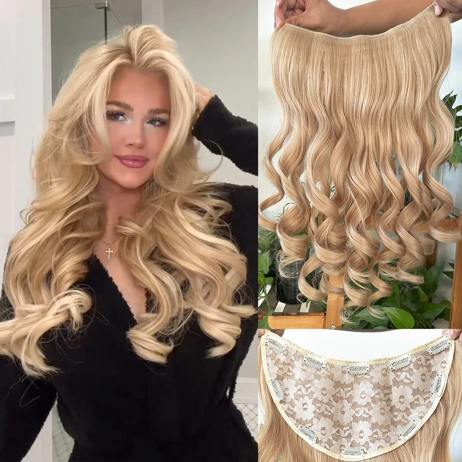 Extensiones de cabello sintético ondulado en forma de U, 10 Clips, postizo falso de una pieza, accesorios para el cabello Rubio negro adecuados para mujeres