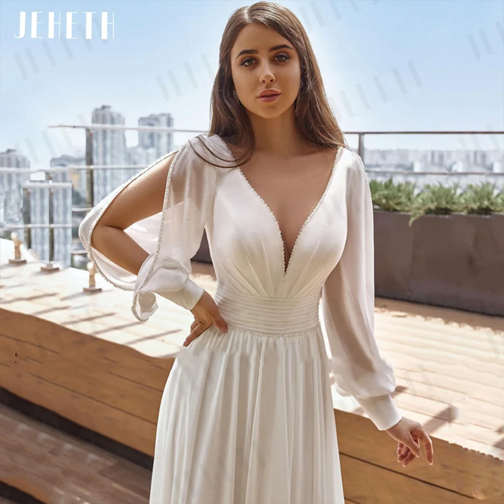 JEHETH Boho Wedding Dress Elegant Vestido De Noiva Women Long Puff Sleeves Bridal Gown Illusion Backless Chiffon A Line فستان ال