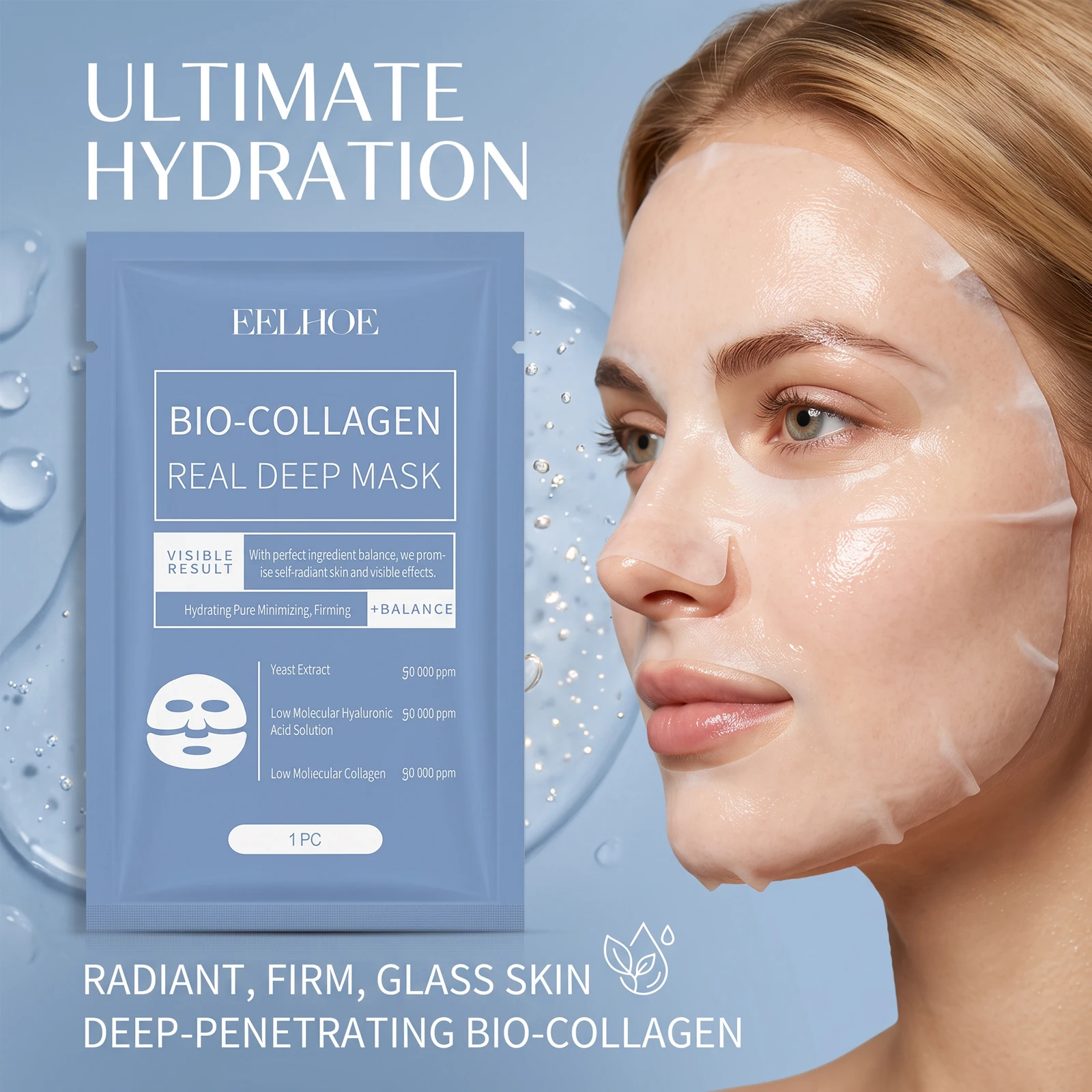 Eelhoe Bio Collagen Sheet Face Mask Hydrating Pore Minimizing Firming Yeast Extract Hyaluronic Acid Anti Aging Skin Care Treatment
