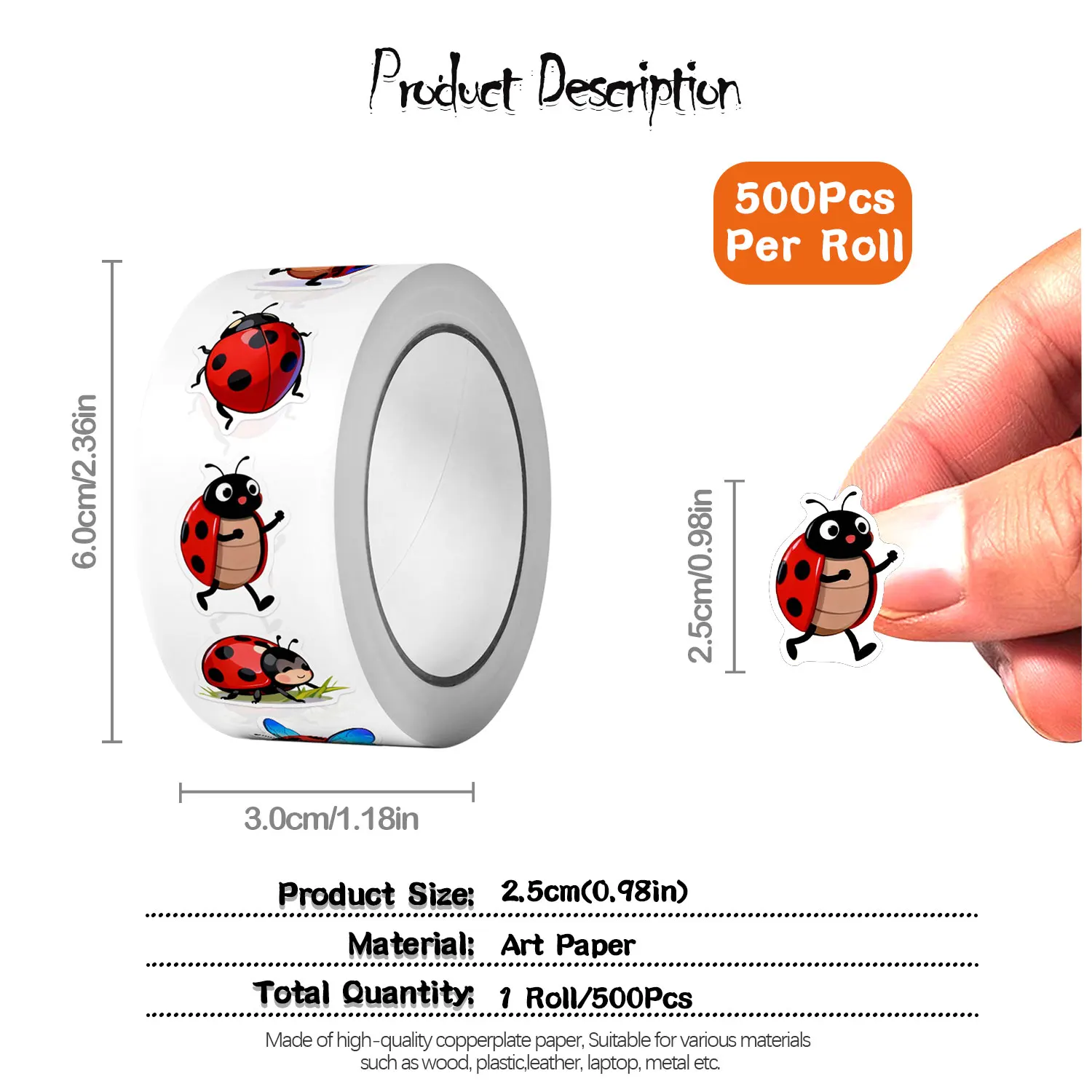 1Roll(500Pcs)10 Irregular Cartoon ladybugs Stickers 2.5cm/1'' Art Craft Decoration Graffiti Seal Gift Scrapbook Labels image 2