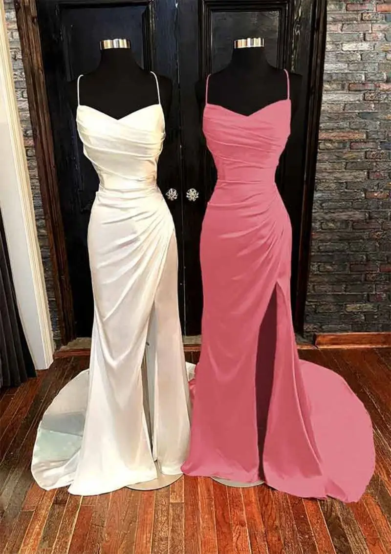 

V Neck Spaghetti Straps Sweep Train Satin Prom Dresses With Pleated Split Blackless Bridesmaid Dress Evening Gowns