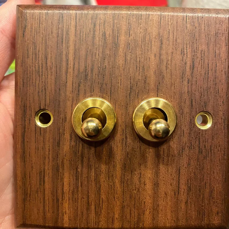 Vintage Style Black Walnut Wood Toggle Light Switch with Brass Lever Solid Wood Warm Looking Electrical Outlet Craftsmanship