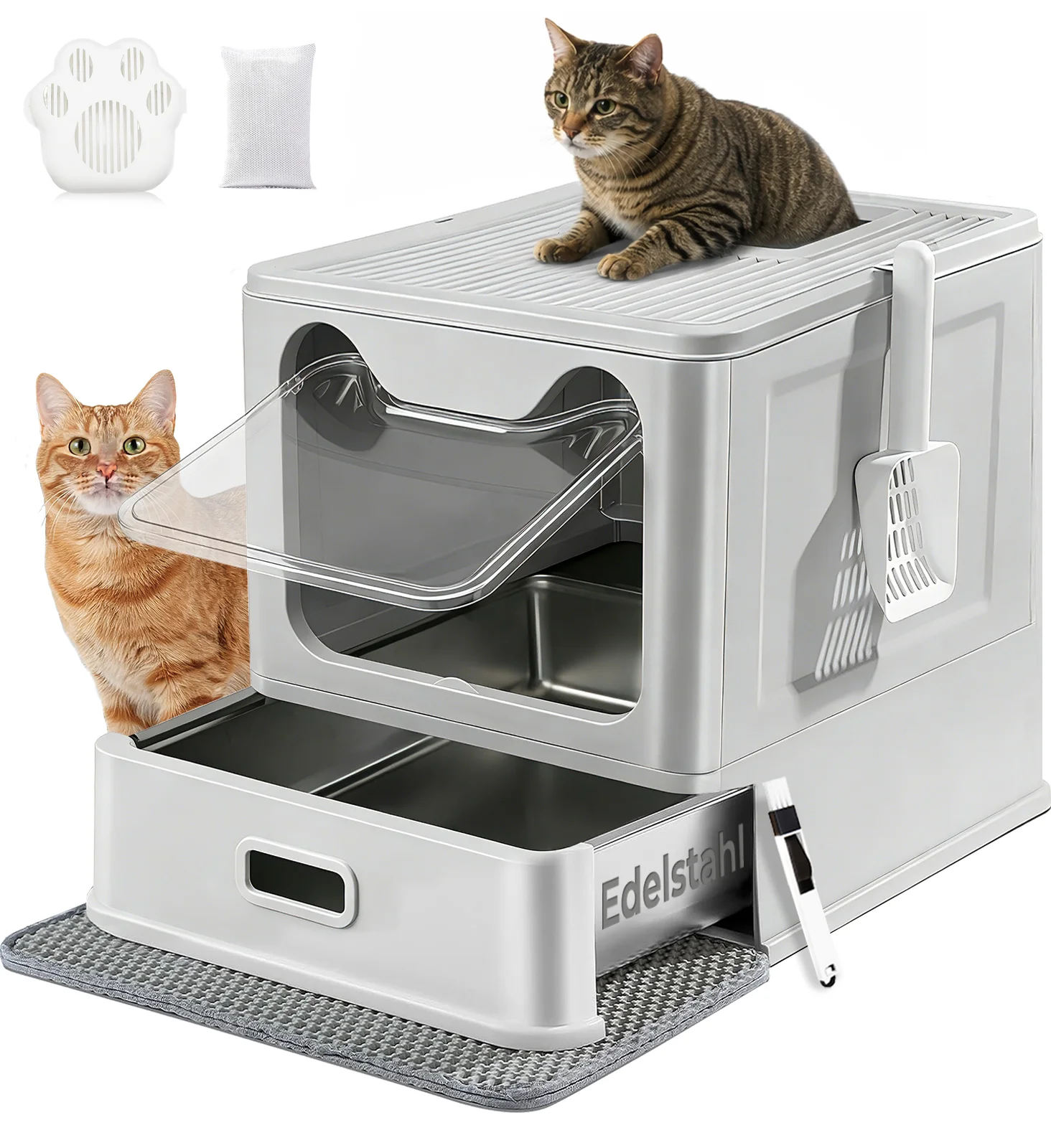 LEEJARD Katzentoilette, Edelstahl Katzenklo mit Deckel und ausziehbares Tablett, Hop in Katzenklo XXL mit Katzenklo Matte ＆ Schaufel für Katzen bis 15 kg, Leichtere Reinigung, auslaufsicher