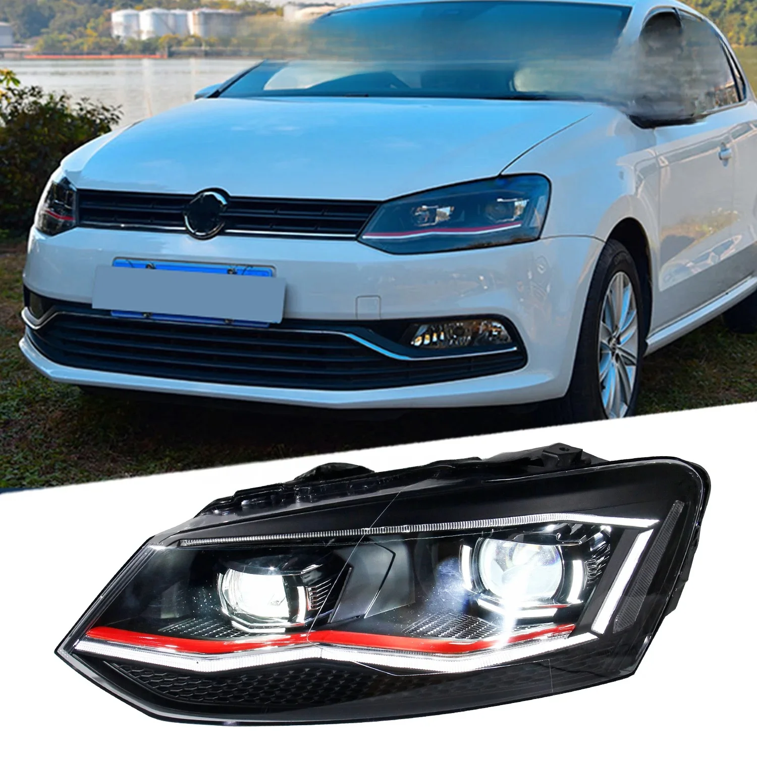 Światła samochodowe, reflektory do Volkswagen POLO 2010-2018, światła LED pasujące do całej serii, z funkcją świateł do jazdy dziennej. — zdjęcie 2